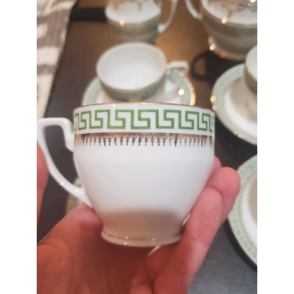 Antique Czech Austria 14 Piece Greek Key Cups Plates Creamer Sugar Porcelain